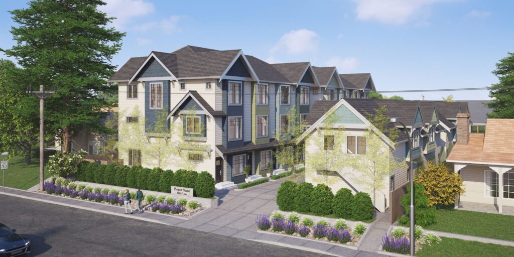 Modern townhouse development featuring a row of stylish, well-designed townhomes with clean architecture and inviting curb appeal.