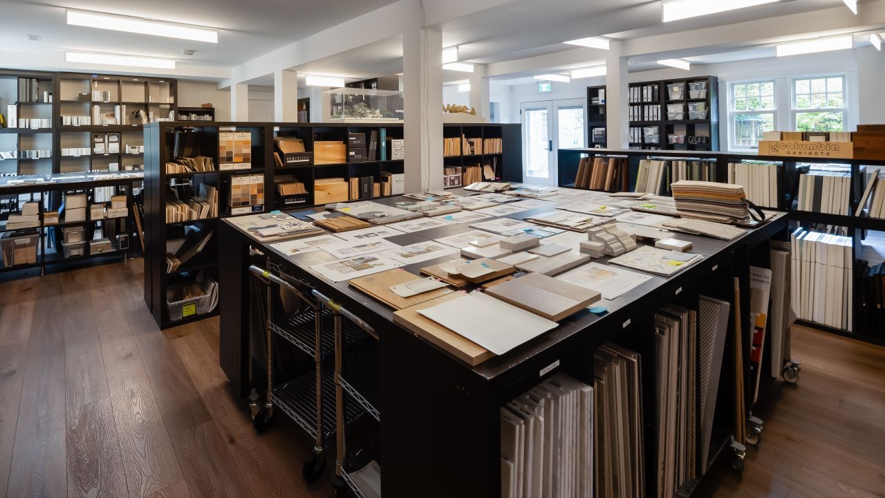 A large table full of design materials and samples for the design process.