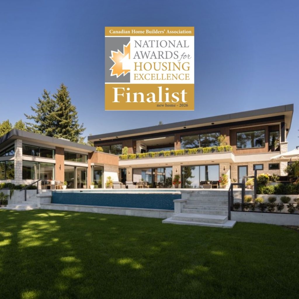 Modern luxury custom home exterior with pool and landscaped yard in Metro Vancouver, finalist for 2026 CHBA National Awards for Housing Excellence, designed by Sarah Gallop Design